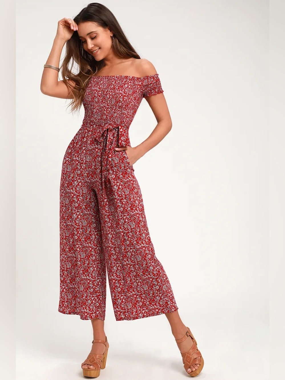 Lulus Behold The Red Floral Print Off-Shoulder Jumpsuit, Medium